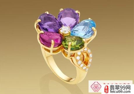 蓝宝石花18kt黄金戒指，配紫水晶、黄玉、橄榄石、碧玺和密镶钻石